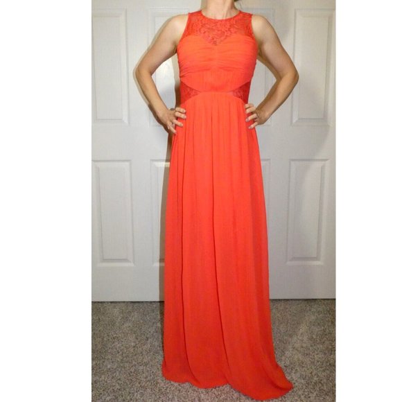 Little Mistress Womens 6 Coral Prom Maxi Dress Long Gown Lace Chic Gorgeous - Picture 1 of 13